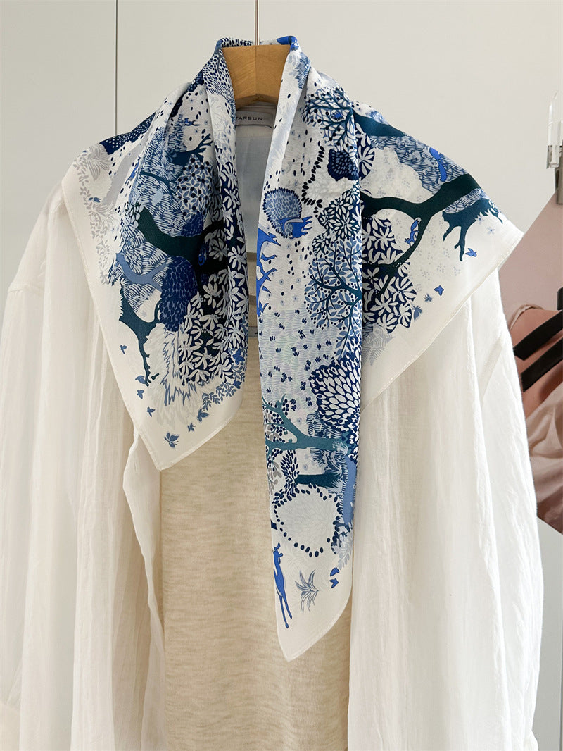 26'' Forest Blue Mulberry Silk Scarf – Nature-Inspired Square Silk Shawl for Women, Calm & Elegant Accessory