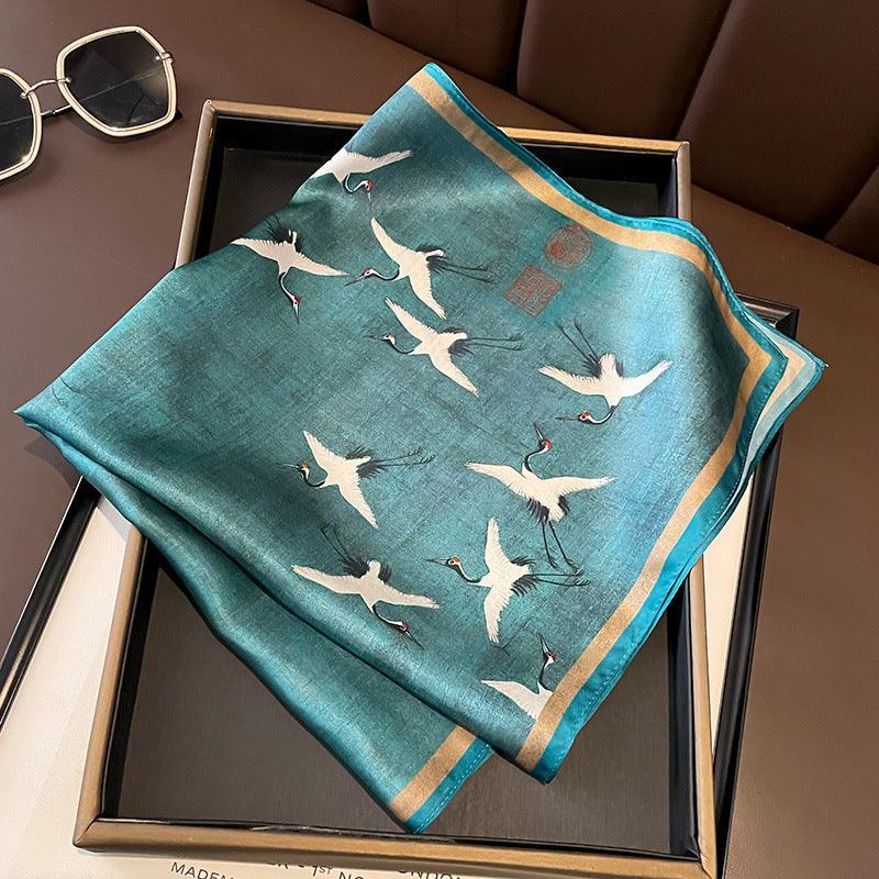 Chinese Style 53cm Small Silk Scarf/100% Mulberry Silk Scarf/Elegant Crane Printed Scarf/Gift for Her