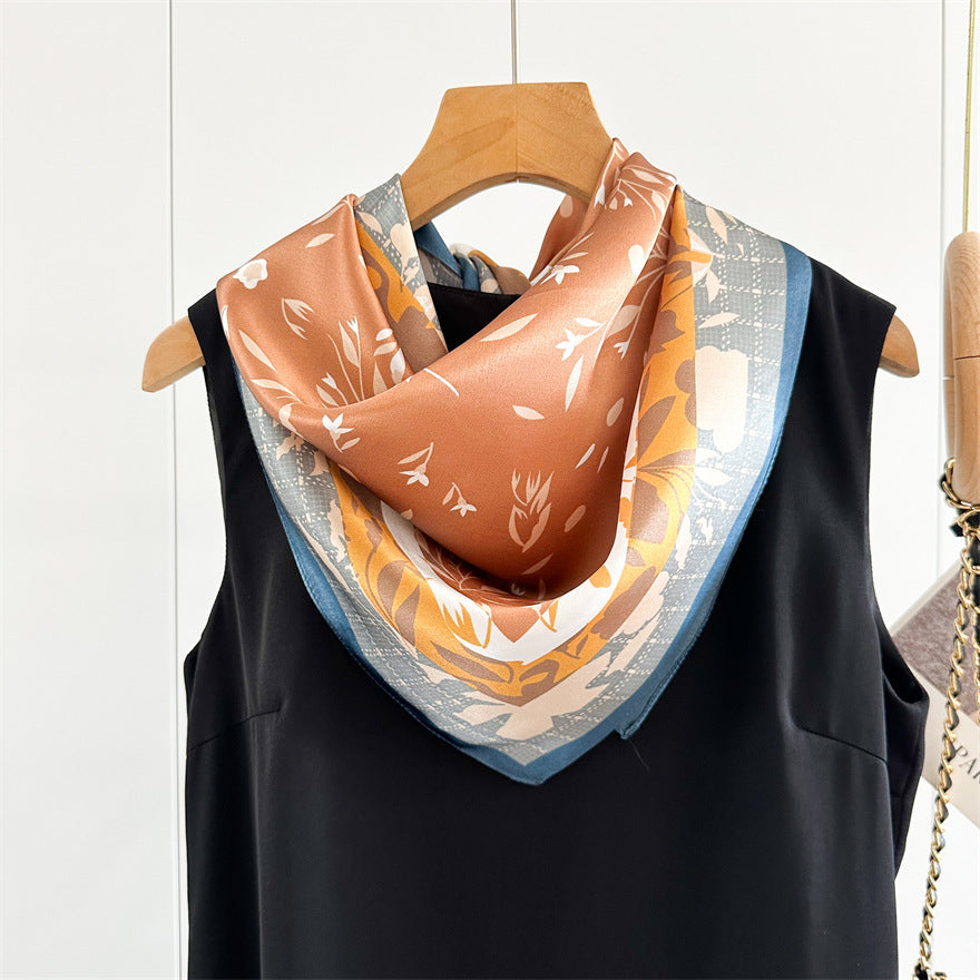 65cm Fresh Floral Mulberry Silk Scarf – Elegant Square Silk Shawl for Women, Lightweight & Versatile Accessory