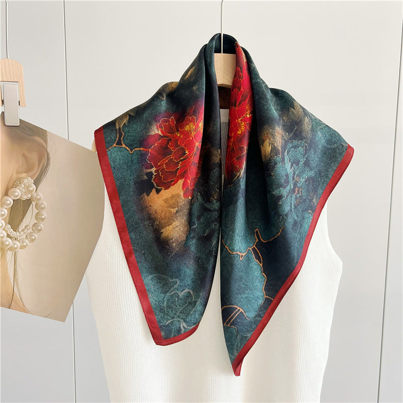 26'' Chinese Aesthetic Flower Bloom Mulberry Silk Scarf – Elegant Women's Silk Shawl, Spring & Summer Fashion Accessory