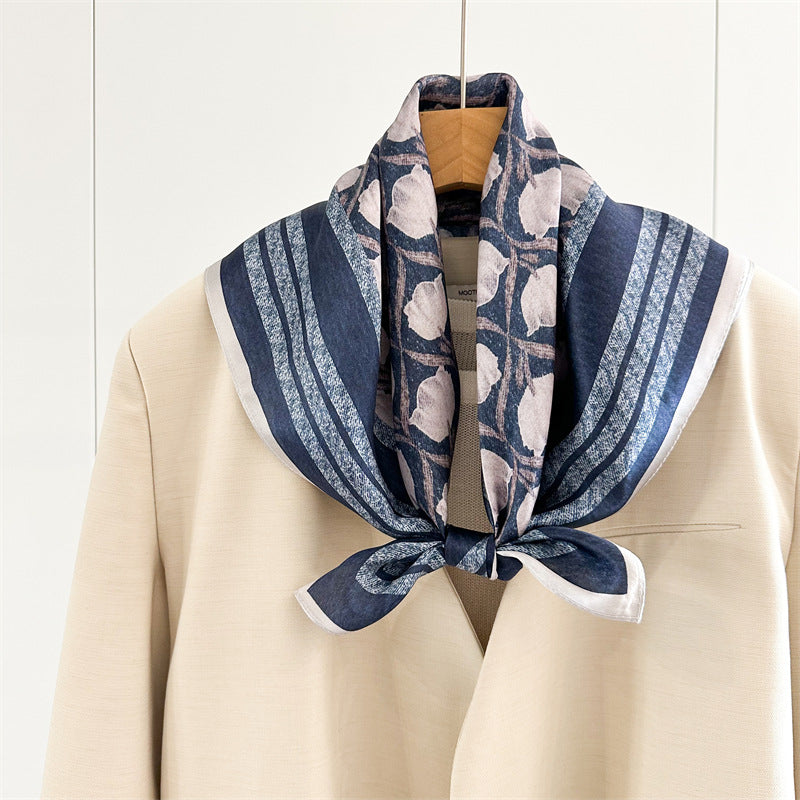 65cm Blue Lily of the Valley Mulberry Silk Scarf – Elegant Square Silk Shawl for Women, Fresh & Versatile Accessory