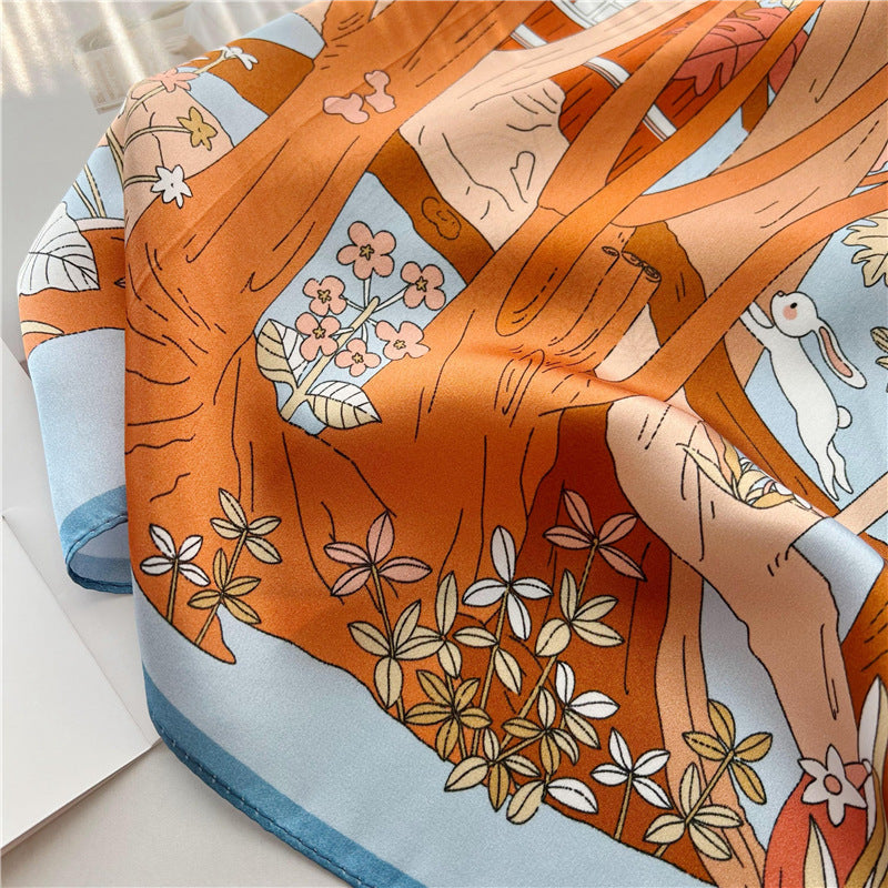 26'' Light Blue Jungle-Inspired Mulberry Silk Scarf – Soft & Elegant Square Silk Shawl for Women, Nature-Inspired Accessory