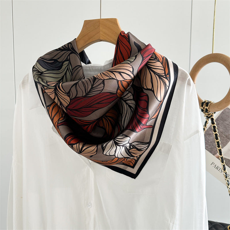 65cm Mulberry Silk Leaf Print Scarf – Double Crepe Square Shawl for Spring and Summer