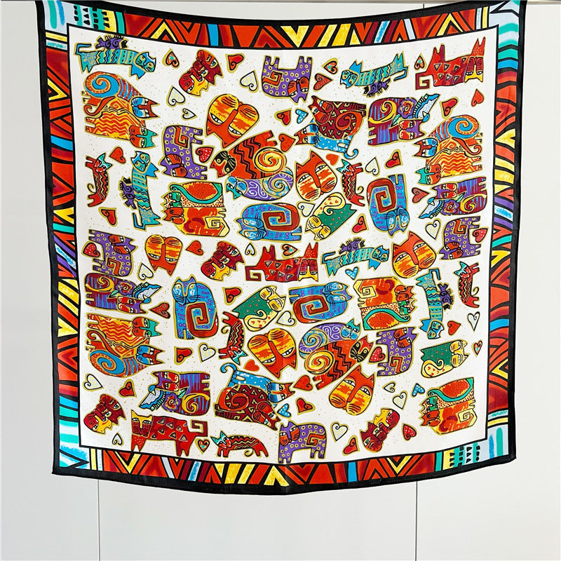 26'' Cartoon Cat Mulberry Silk Scarf – Playful & Cute Square Silk Shawl for Women, Fun & Unique Accessory