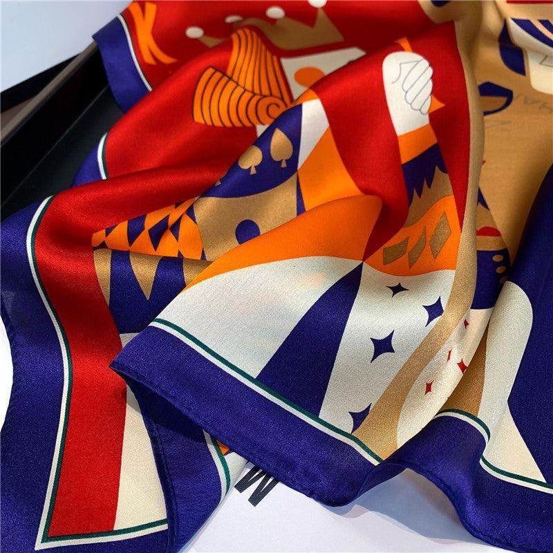 New Ins style playing card printed silk scarf/100% Mulberry silk scarf/Color block pattern small square scarf/Gift for her
