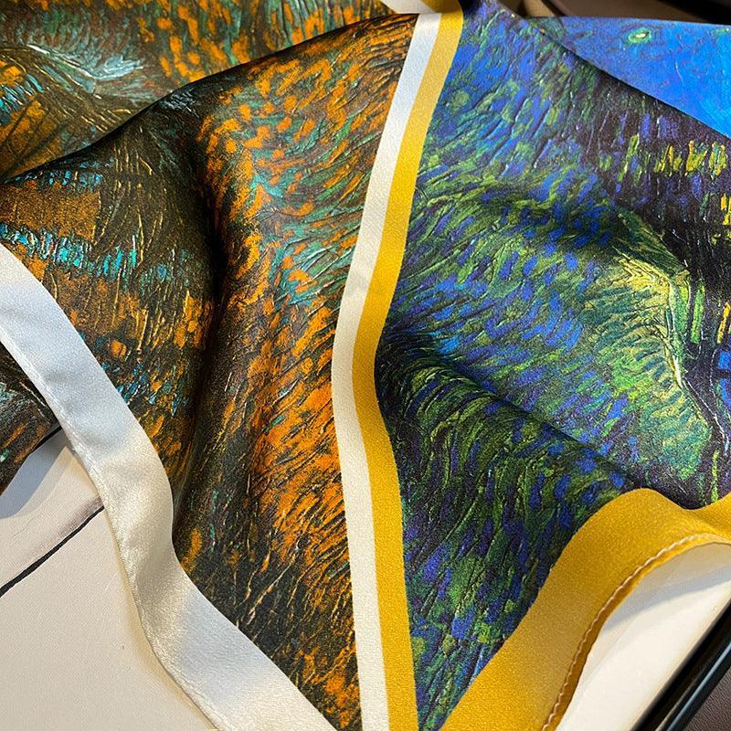 Two-color patchwork oil painting 100% mulberry Silk Scarf/Silk head scarf/Silk hair scarf/Silk neck scarf/Mother's Day Gifts/Bag Accessory/Gift for her