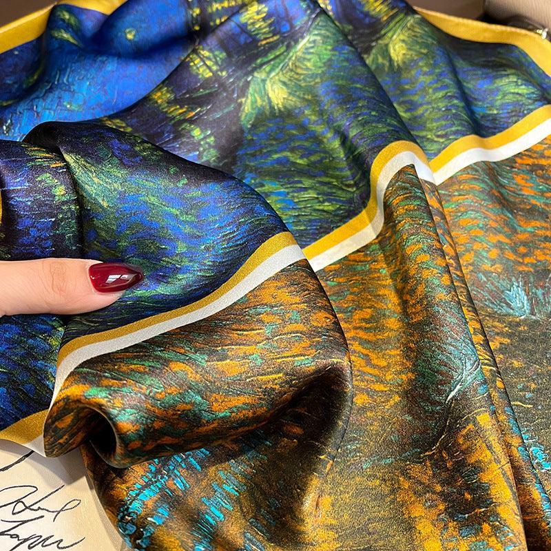 Two-color patchwork oil painting 100% mulberry Silk Scarf/Silk head scarf/Silk hair scarf/Silk neck scarf/Mother's Day Gifts/Bag Accessory/Gift for her