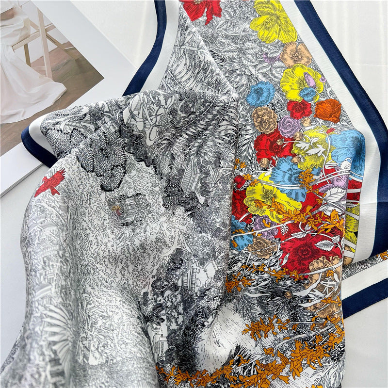 65cm Mulberry Silk Whimsical Garden Scarf Double Crepe Spring Summer Square Shawl