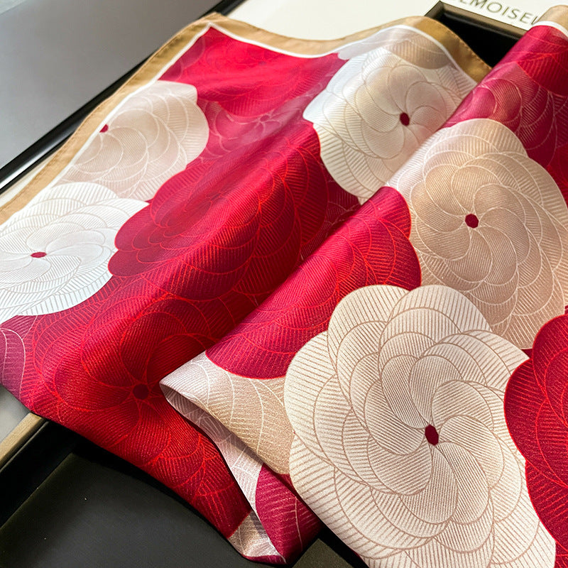 53cm Mulberry Silk Small Square Scarf for Women - Korean Version, Spliced 3D Overlapping Rose Design, Elegant Gift for Tying Bags