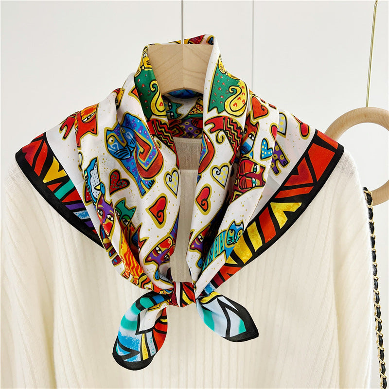 26'' Cartoon Cat Mulberry Silk Scarf – Playful & Cute Square Silk Shawl for Women, Fun & Unique Accessory