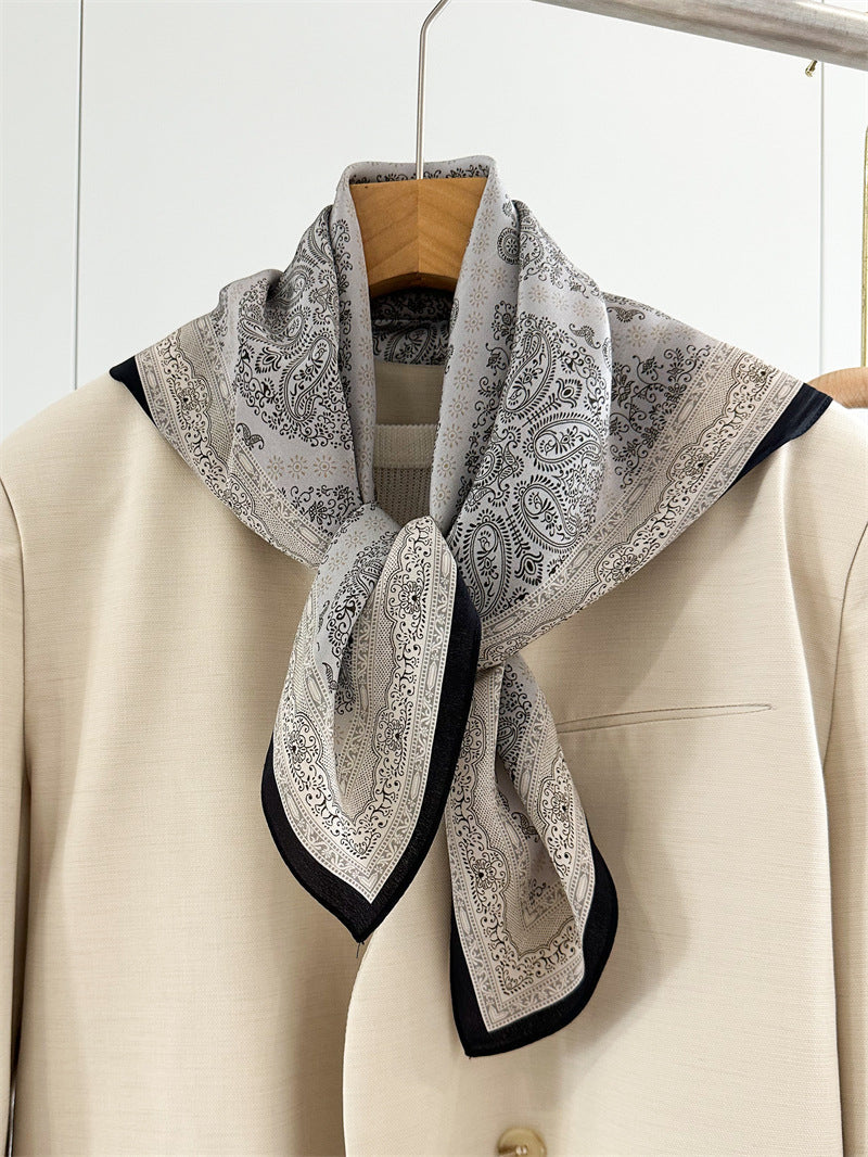 26'' Blue Check Mulberry Silk Scarf – Classic Square Silk Shawl for Women, Elegant & Versatile Accessory