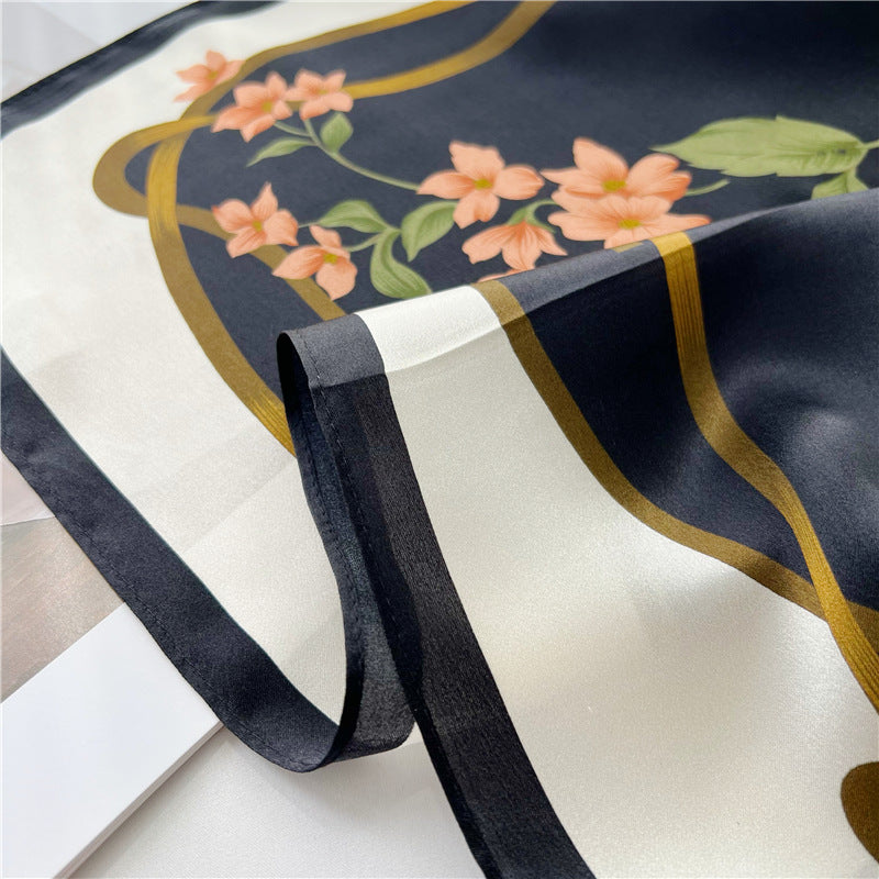 26'' Black Camellia Mulberry Silk Scarf – Elegant Floral Square Silk Shawl for Women, Timeless & Luxurious Accessory