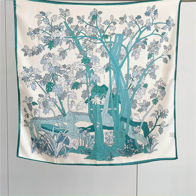 26'' Light Blue Jungle-Inspired Mulberry Silk Scarf – Soft & Elegant Square Silk Shawl for Women, Nature-Inspired Accessory