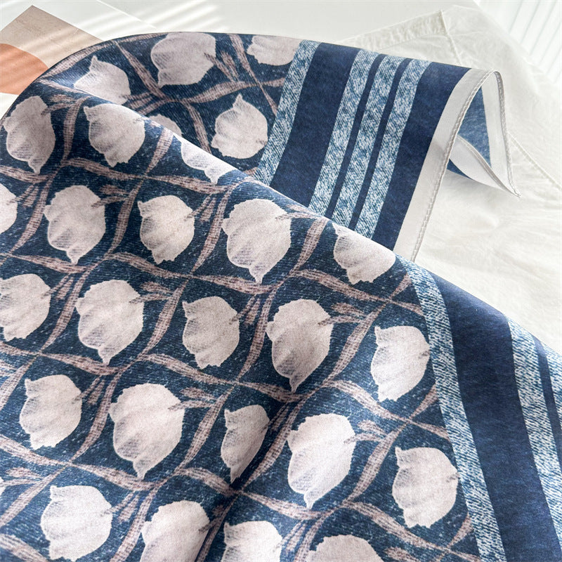 65cm Blue Lily of the Valley Mulberry Silk Scarf – Elegant Square Silk Shawl for Women, Fresh & Versatile Accessory