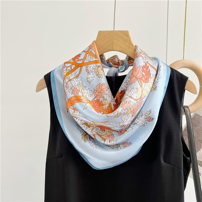 26'' Light Blue Jungle-Inspired Mulberry Silk Scarf – Soft & Elegant Square Silk Shawl for Women, Nature-Inspired Accessory