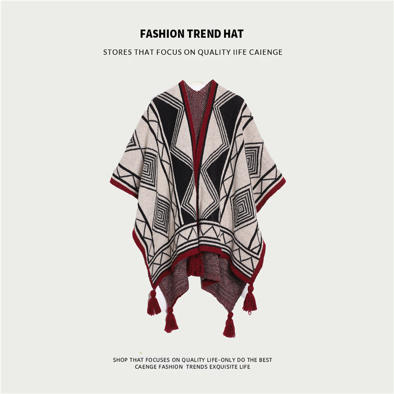 Ethnic Style Women's Shawl, Thickened Cape Coat for Autumn and Winter, Travel Photography Split Cloak