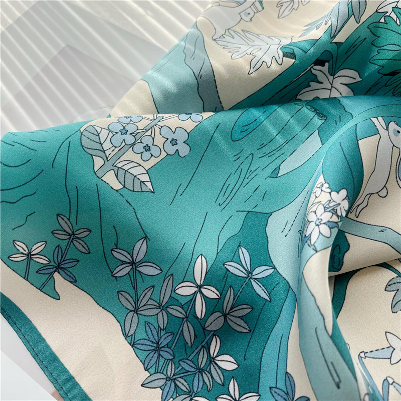 26'' Light Blue Jungle-Inspired Mulberry Silk Scarf – Soft & Elegant Square Silk Shawl for Women, Nature-Inspired Accessory