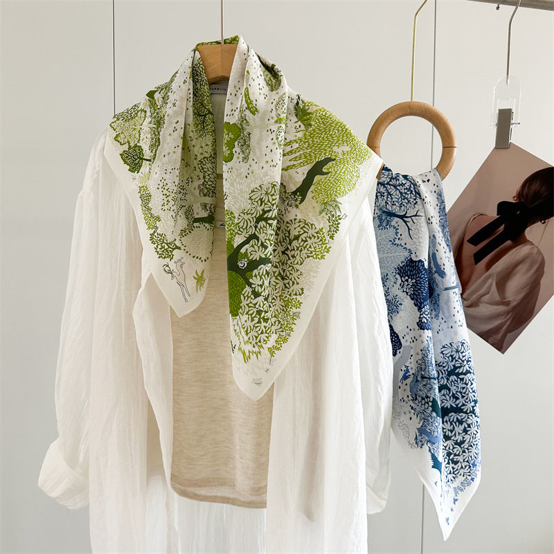 26'' Forest Blue Mulberry Silk Scarf – Nature-Inspired Square Silk Shawl for Women, Calm & Elegant Accessory