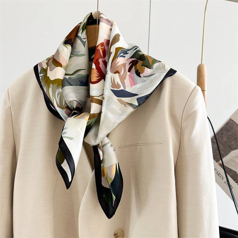 65cm Mulberry Silk Bold Rose Scarf – Double Crepe Square Shawl for Women, Elegant Floral Accessory