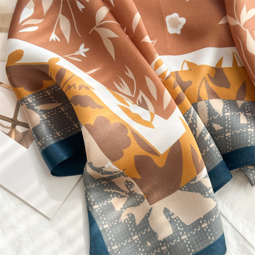 65cm Fresh Floral Mulberry Silk Scarf – Elegant Square Silk Shawl for Women, Lightweight & Versatile Accessory