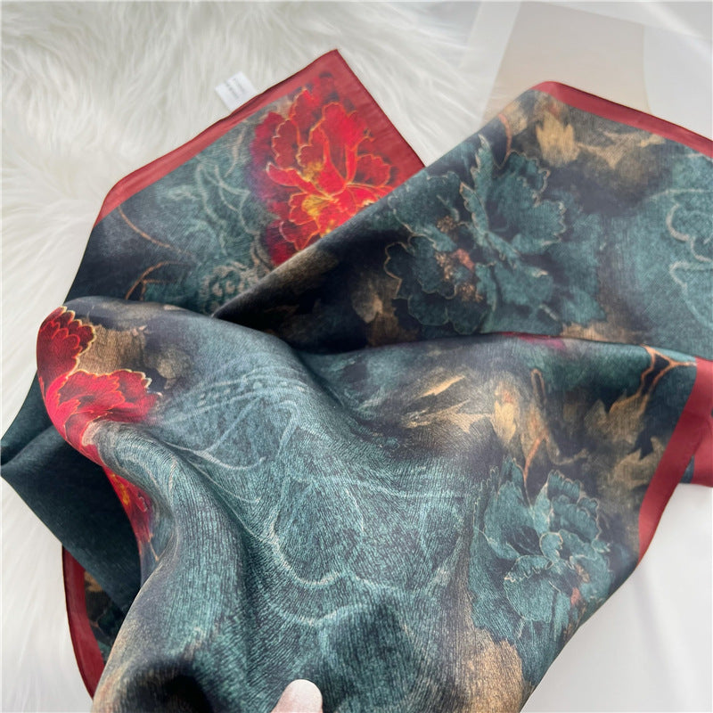 26'' Chinese Aesthetic Flower Bloom Mulberry Silk Scarf – Elegant Women's Silk Shawl, Spring & Summer Fashion Accessory