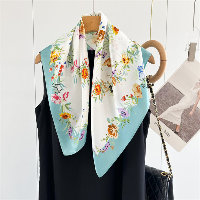 26'' Fresh Blue Border Floral Mulberry Silk Scarf – Elegant Floral Square Silk Shawl for Women, Soft & Feminine Accessory