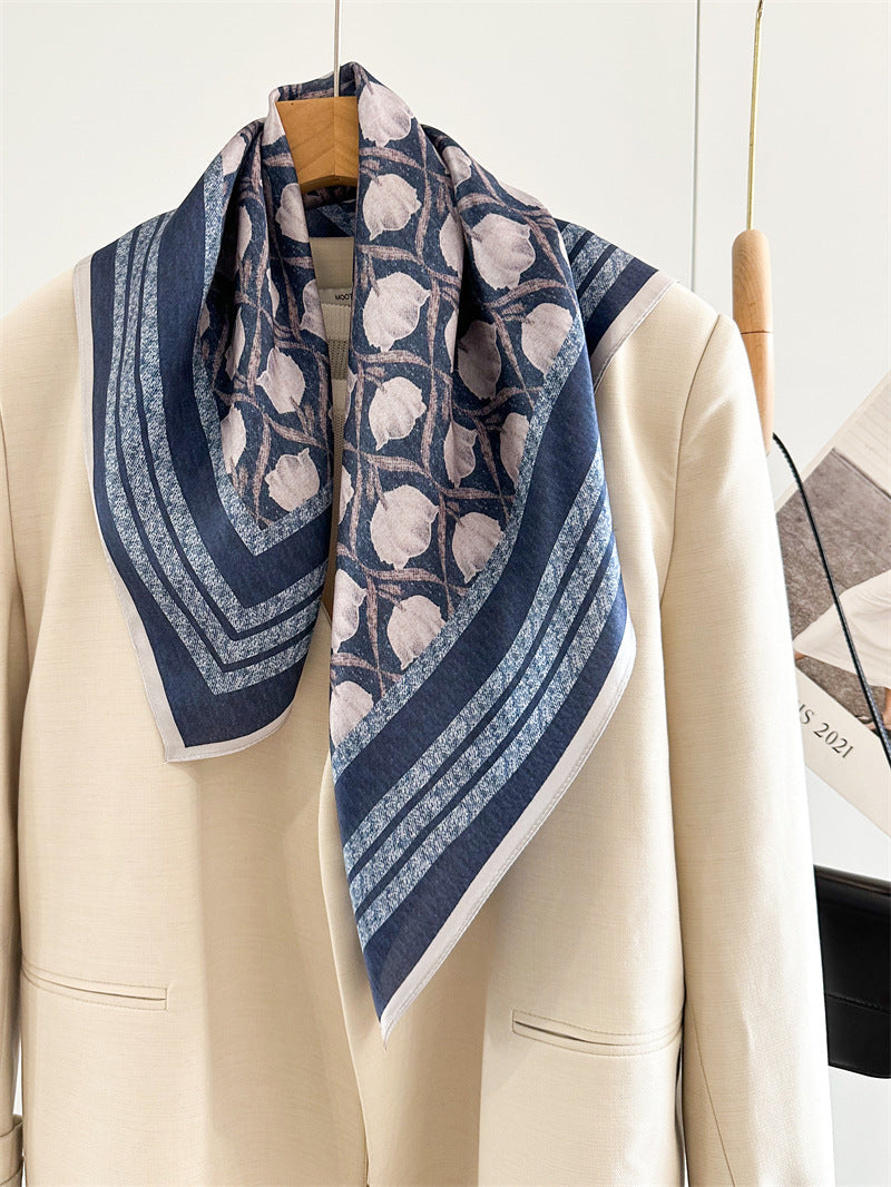 65cm Blue Lily of the Valley Mulberry Silk Scarf – Elegant Square Silk Shawl for Women, Fresh & Versatile Accessory