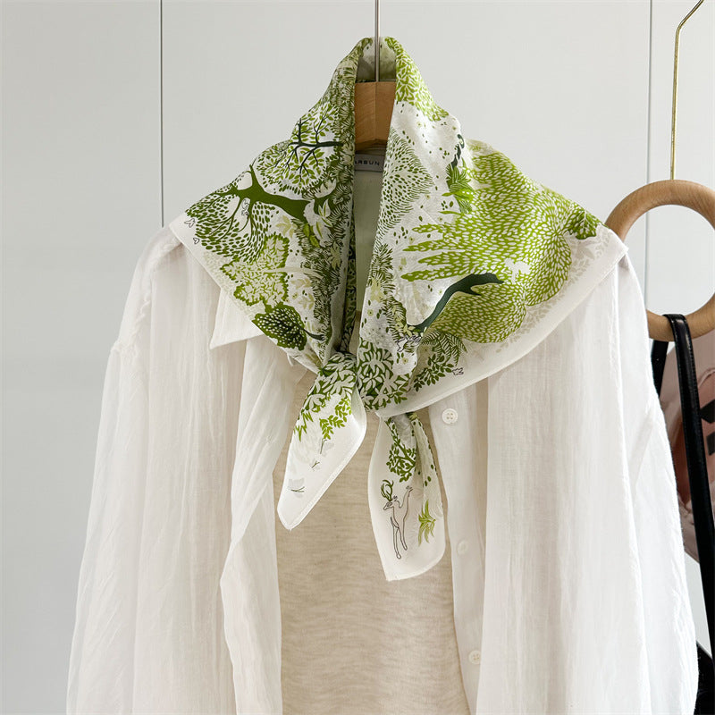 26'' Forest Blue Mulberry Silk Scarf – Nature-Inspired Square Silk Shawl for Women, Calm & Elegant Accessory