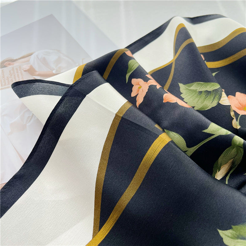 26'' Black Camellia Mulberry Silk Scarf – Elegant Floral Square Silk Shawl for Women, Timeless & Luxurious Accessory