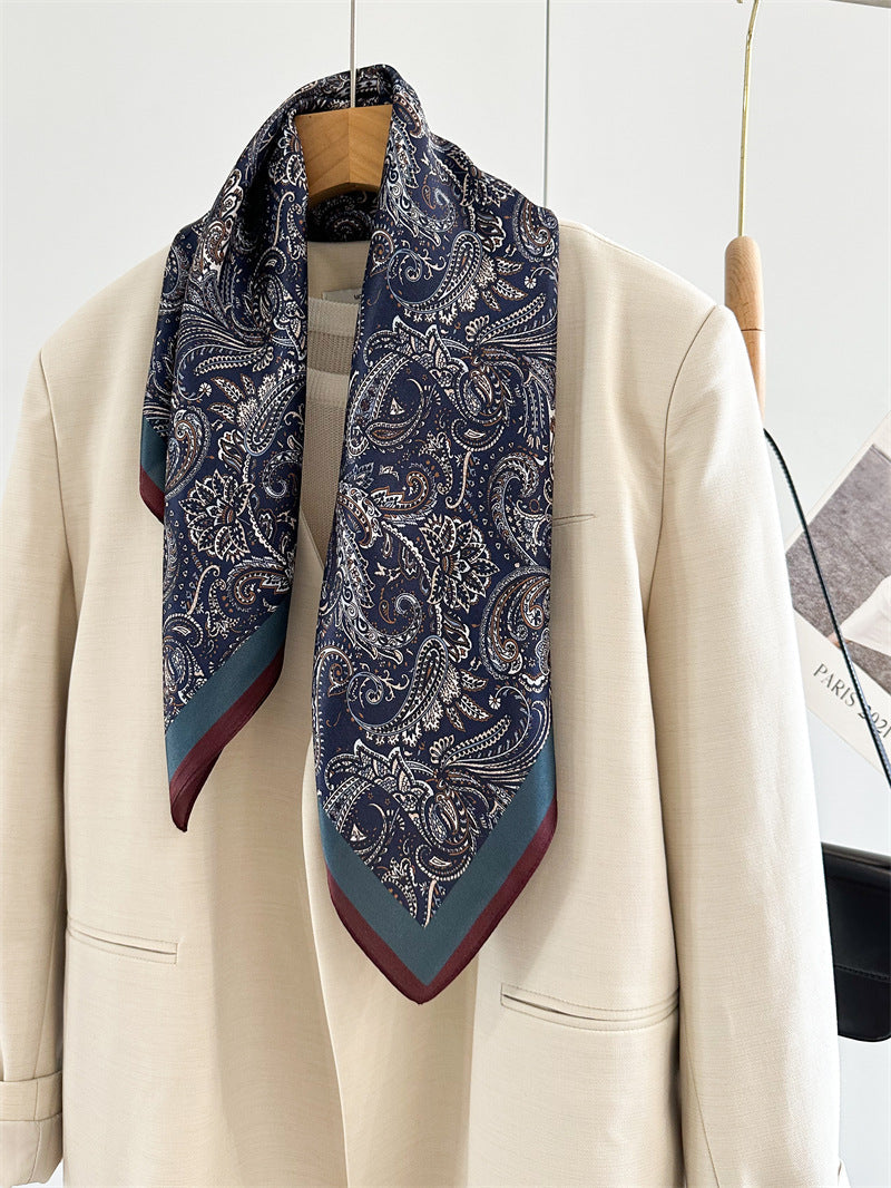 65cm Mulberry Silk Classic Paisley Scarf – Navy Blue Double Crepe Square Shawl for Spring & Summer
