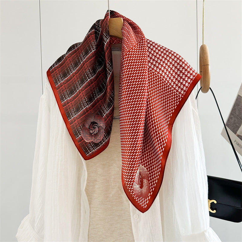 65cm Mulberry Silk Scarf – Plaid, Houndstooth & Rose Print Double Crepe Square Shawl for Spring & Summer
