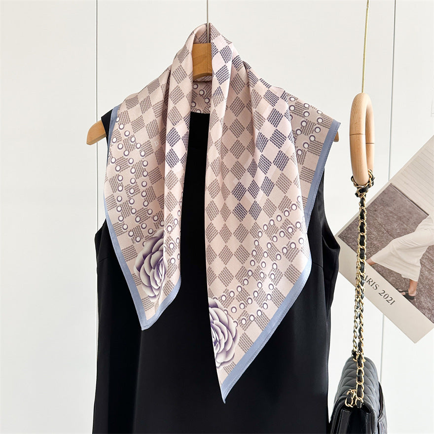 65cm Mulberry Silk Scarf – Digital 5 Grid Pattern Square Silk Shawl for Women, Elegant & Versatile Accessory