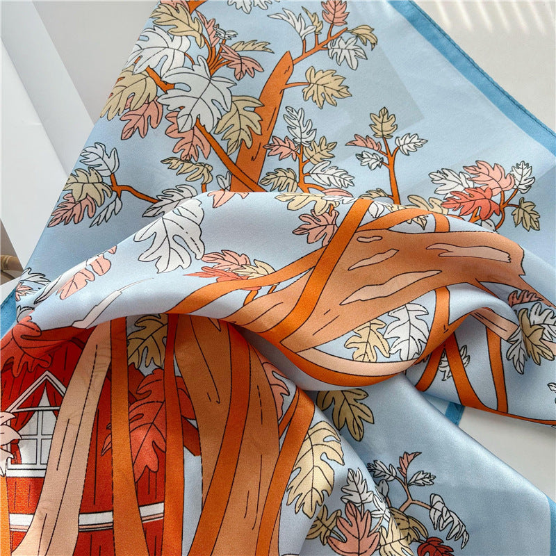 26'' Light Blue Jungle-Inspired Mulberry Silk Scarf – Soft & Elegant Square Silk Shawl for Women, Nature-Inspired Accessory