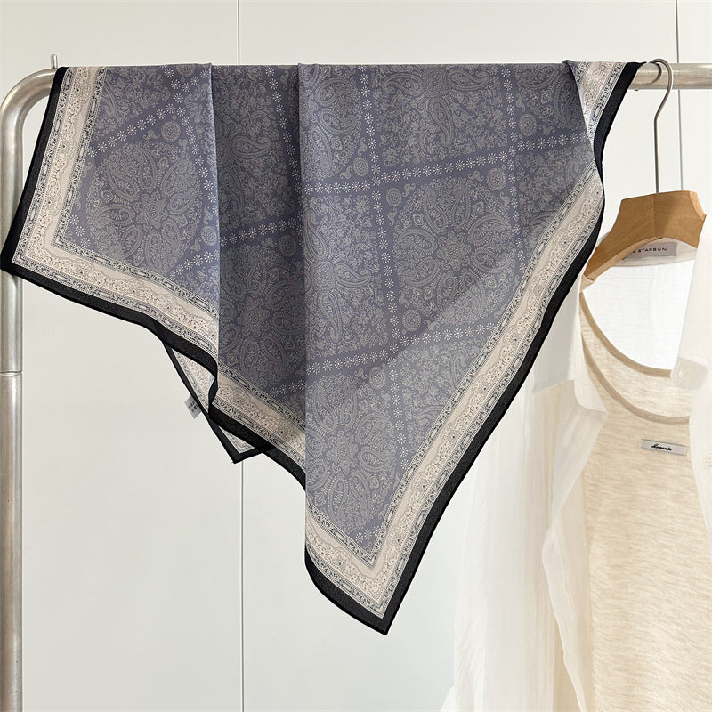 26'' Blue Check Mulberry Silk Scarf – Classic Square Silk Shawl for Women, Elegant & Versatile Accessory