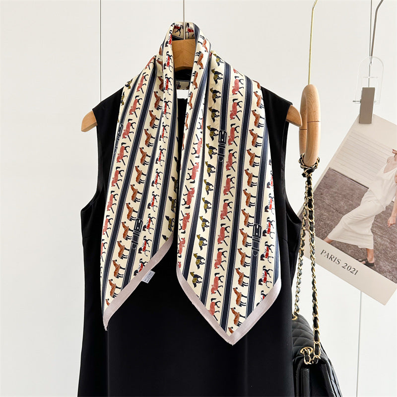 26'' Beige Pony Mulberry Silk Scarf – Cute & Elegant Square Silk Shawl for Women, Playful Animal Design Accessory