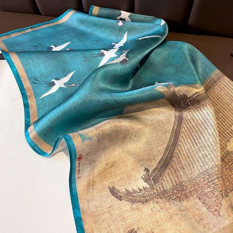 Chinese Style 53cm Small Silk Scarf/100% Mulberry Silk Scarf/Elegant Crane Printed Scarf/Gift for Her