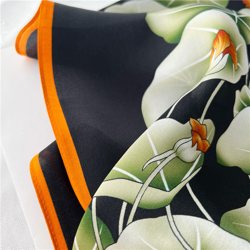 65cm Lotus Leaf Mulberry Silk Scarf – Women’s Autumn Style, Versatile Chinese Square Silk Scarf