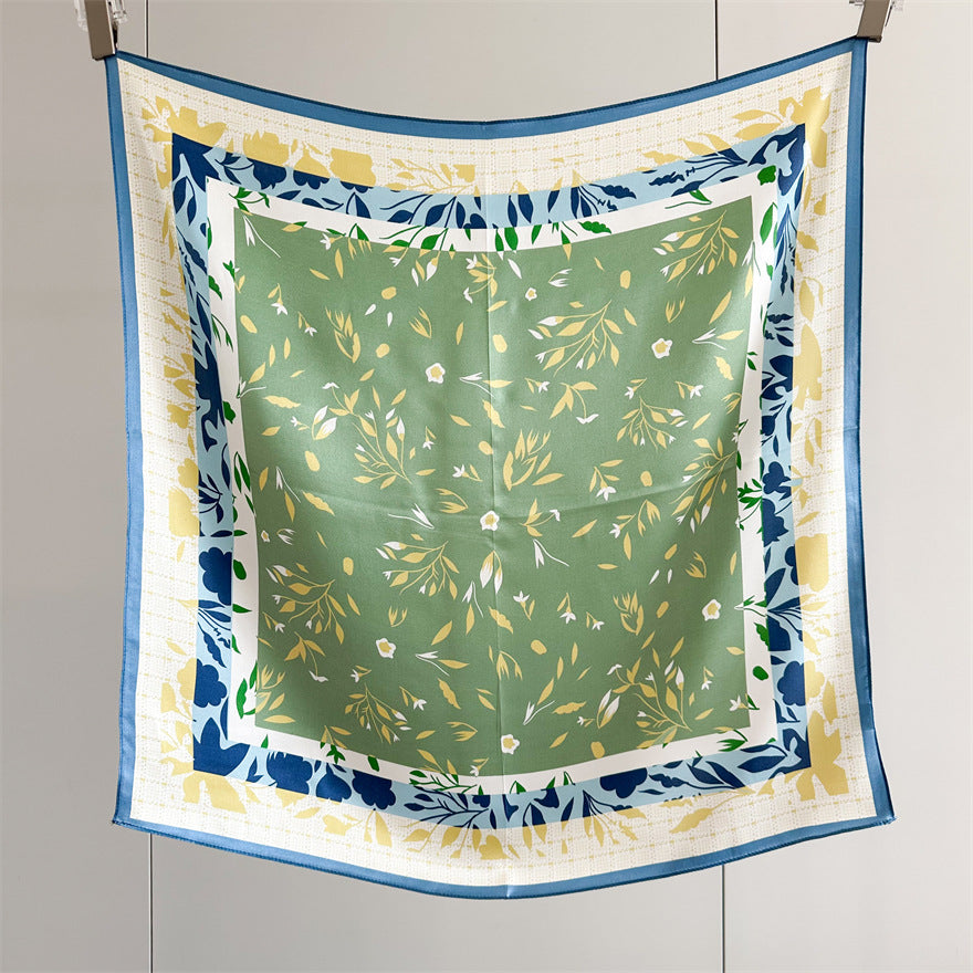 65cm Fresh Floral Mulberry Silk Scarf – Elegant Square Silk Shawl for Women, Lightweight & Versatile Accessory
