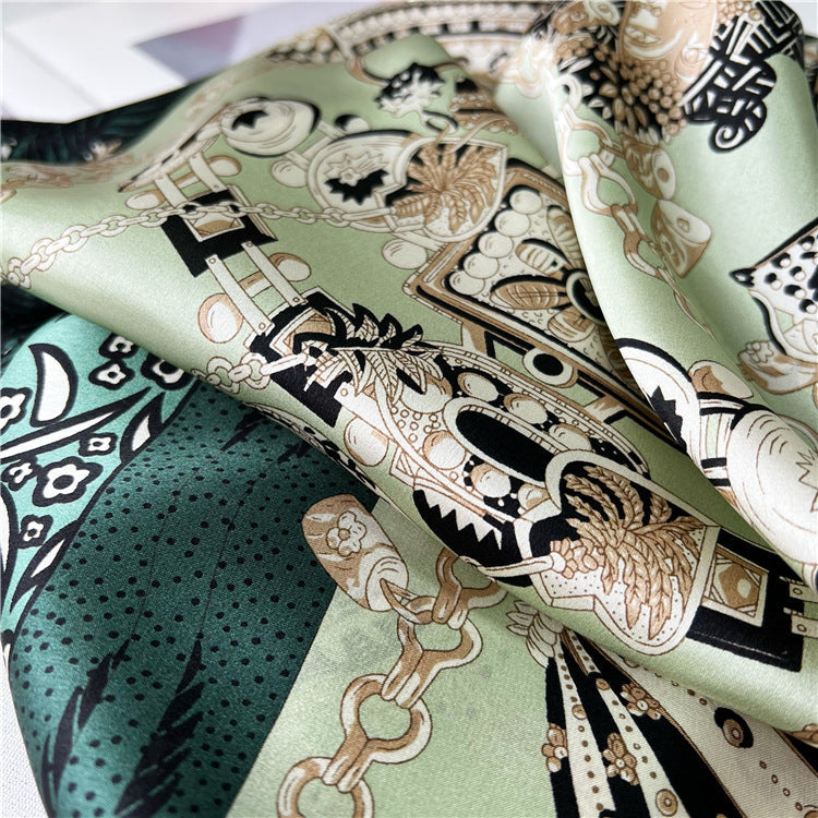 26'' Green Scepter Mulberry Silk Scarf – Elegant Square Silk Shawl for Women, Royal-Inspired Luxury Accessory