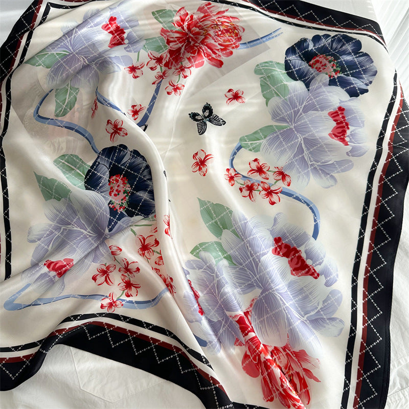 65cm Mulberry Silk Floral Peony Scarf – Double Crepe Square Shawl for Spring & Summer