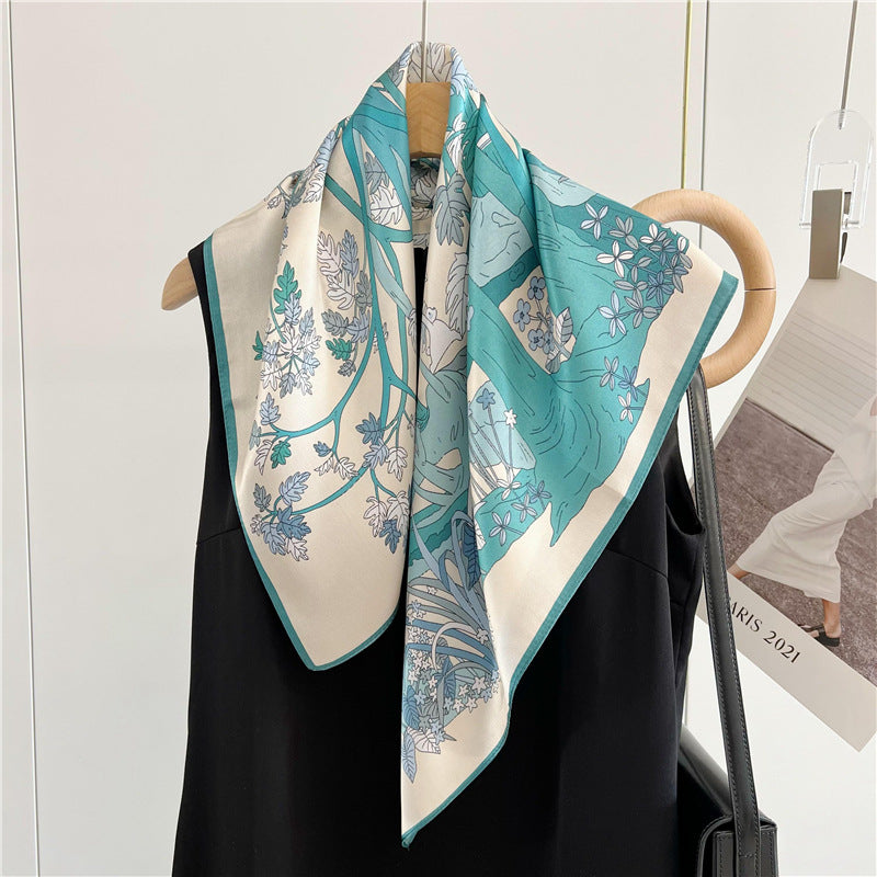 26'' Light Blue Jungle-Inspired Mulberry Silk Scarf – Soft & Elegant Square Silk Shawl for Women, Nature-Inspired Accessory