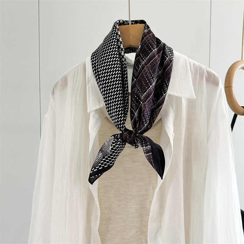 65cm Mulberry Silk Scarf – Plaid, Houndstooth & Rose Print Double Crepe Square Shawl for Spring & Summer
