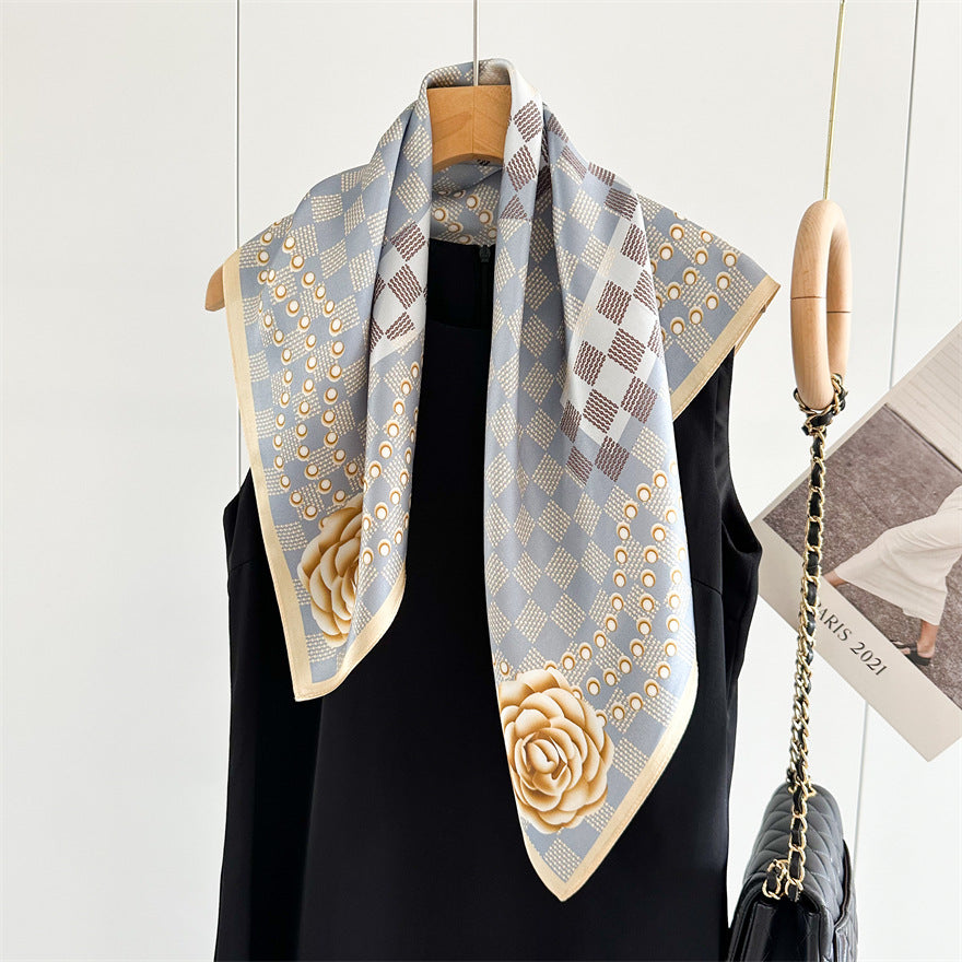 65cm Mulberry Silk Scarf – Digital 5 Grid Pattern Square Silk Shawl for Women, Elegant & Versatile Accessory