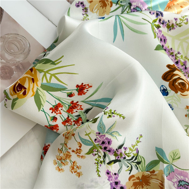 26'' Fresh Blue Border Floral Mulberry Silk Scarf – Elegant Floral Square Silk Shawl for Women, Soft & Feminine Accessory