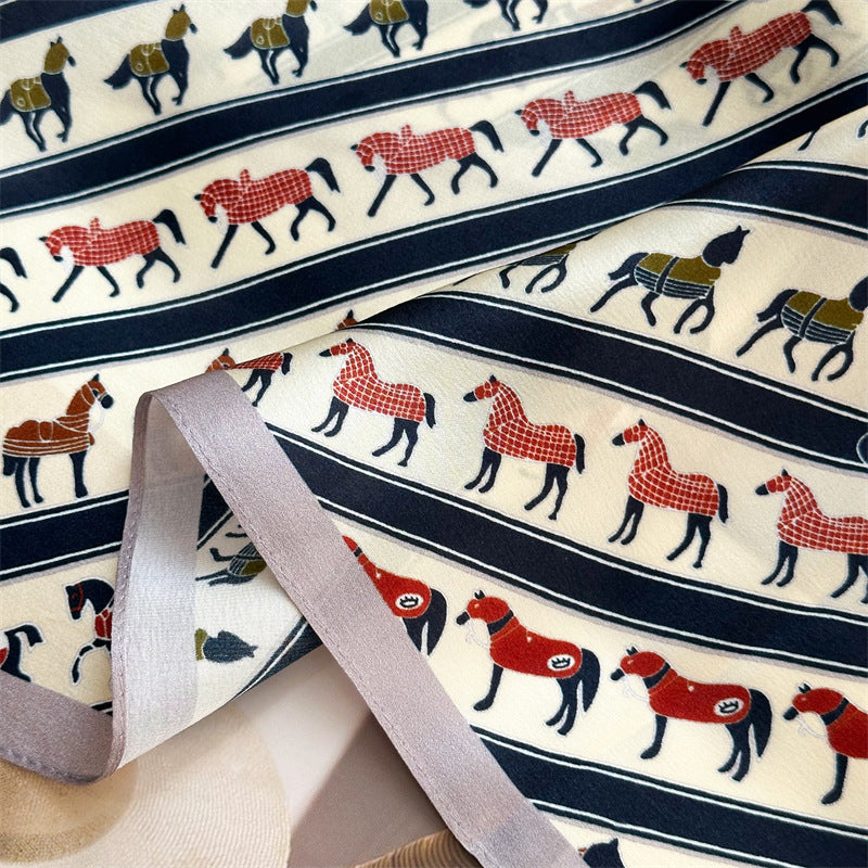 26'' Beige Pony Mulberry Silk Scarf – Cute & Elegant Square Silk Shawl for Women, Playful Animal Design Accessory