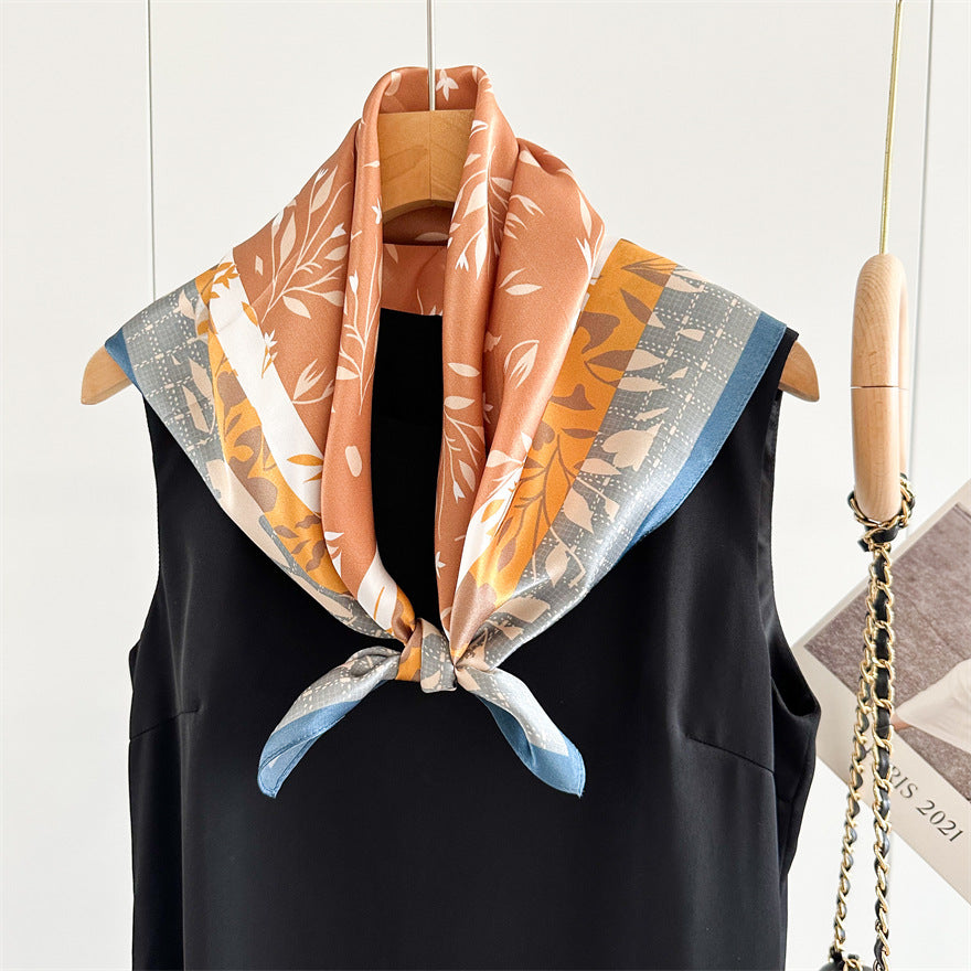 65cm Fresh Floral Mulberry Silk Scarf – Elegant Square Silk Shawl for Women, Lightweight & Versatile Accessory