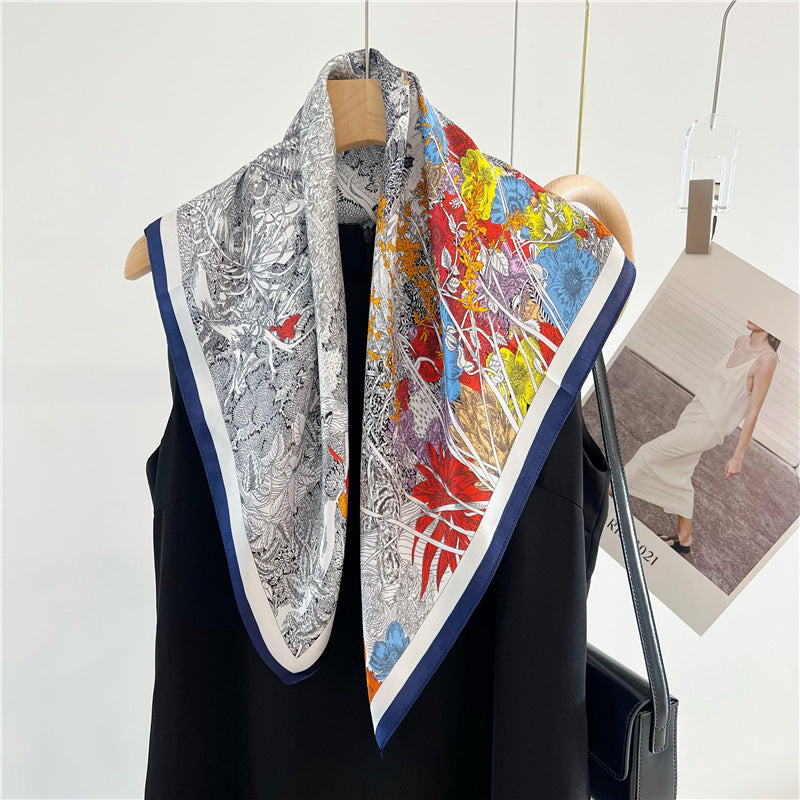 65cm Mulberry Silk Whimsical Garden Scarf Double Crepe Spring Summer Square Shawl