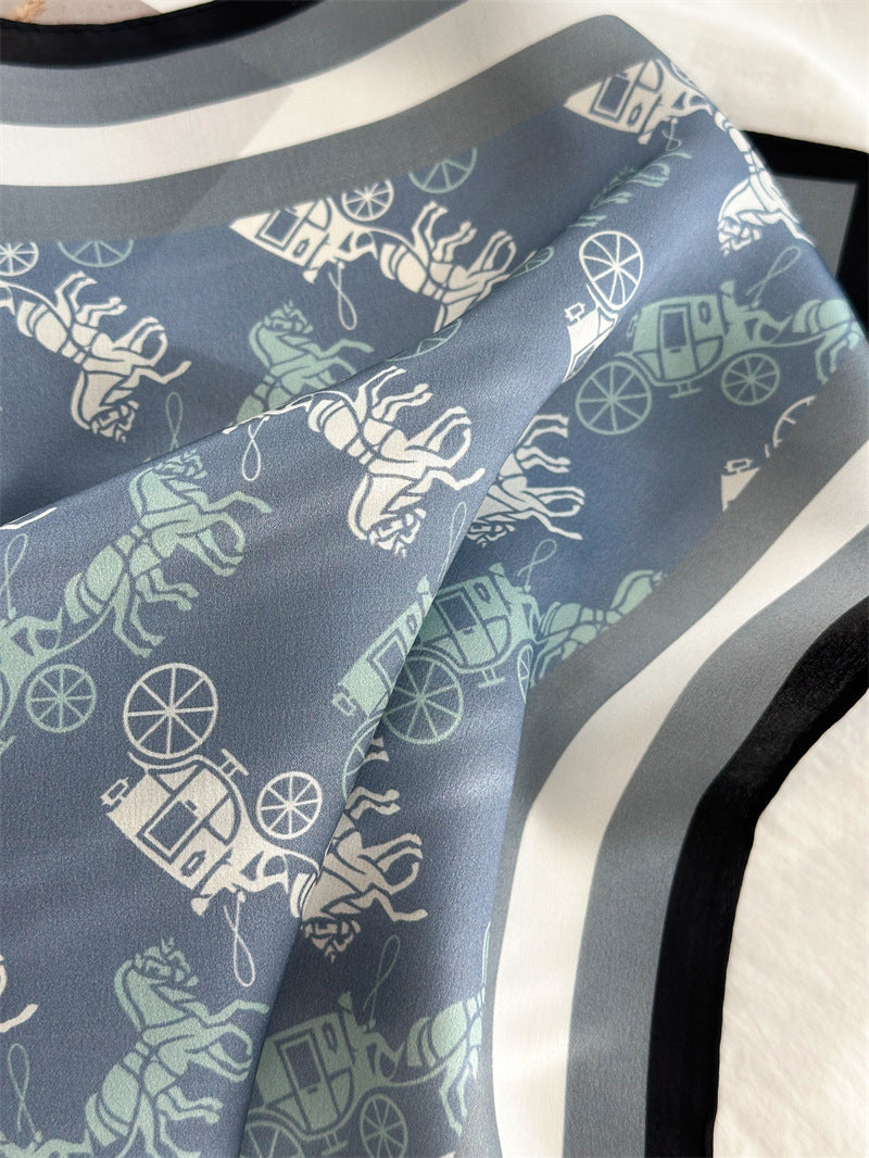 Denim Blue Carriage Print Mulberry Silk Scarf – 65cm Square Double Crepe Shawl