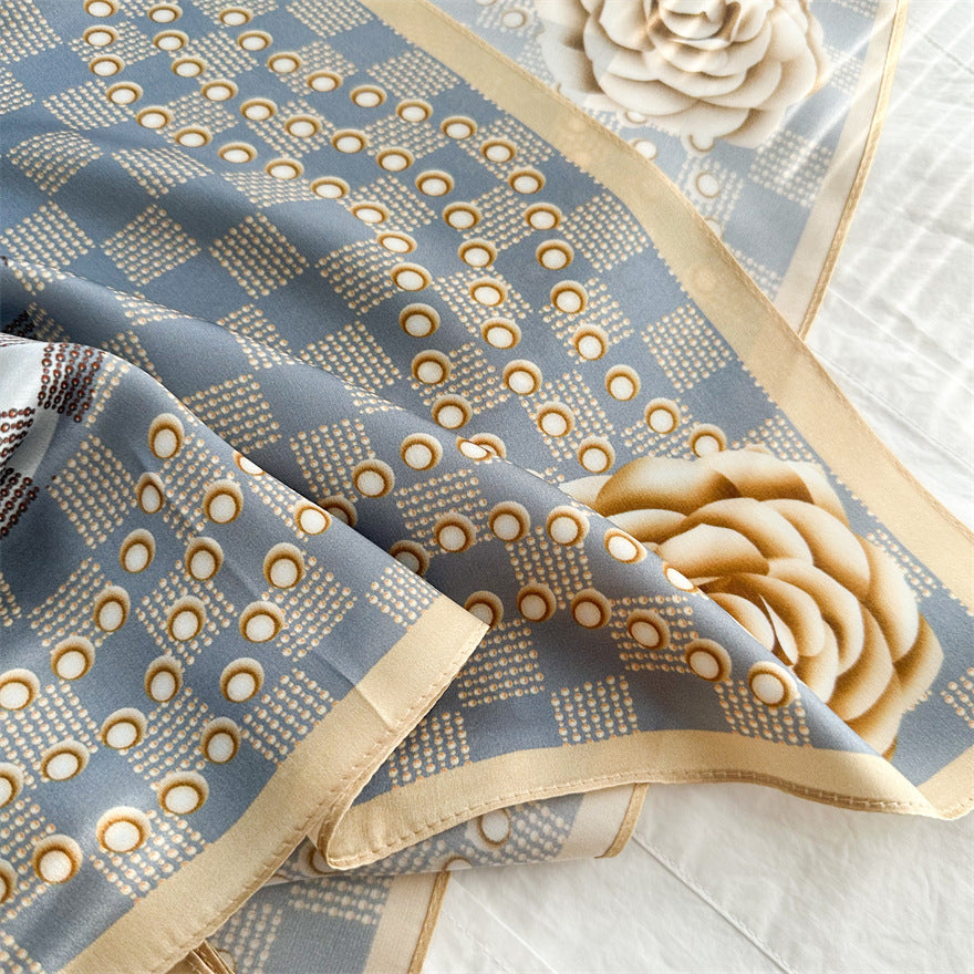 65cm Mulberry Silk Scarf – Digital 5 Grid Pattern Square Silk Shawl for Women, Elegant & Versatile Accessory