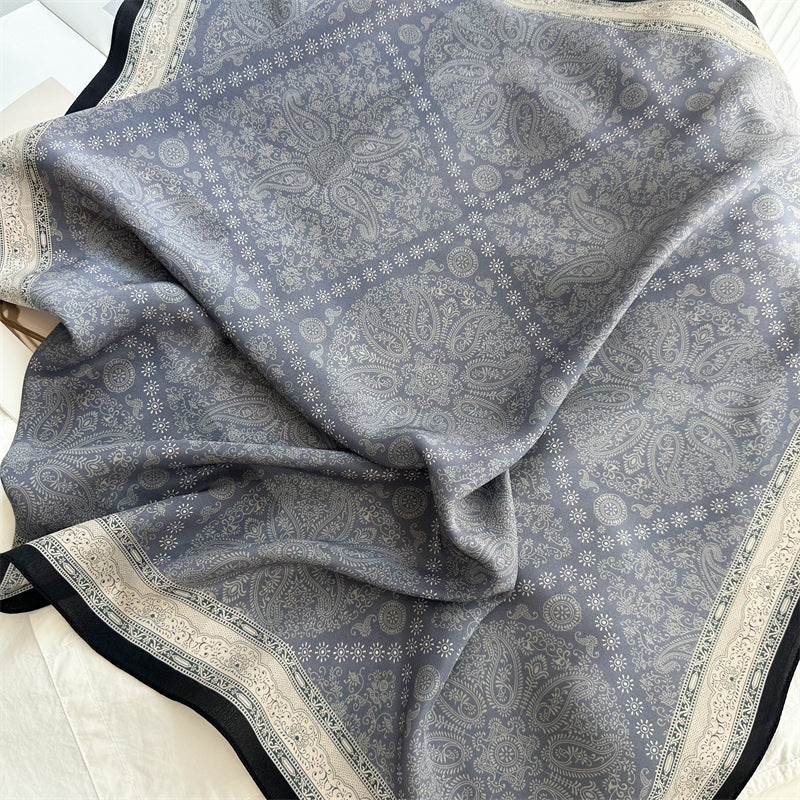 26'' Blue Check Mulberry Silk Scarf – Classic Square Silk Shawl for Women, Elegant & Versatile Accessory